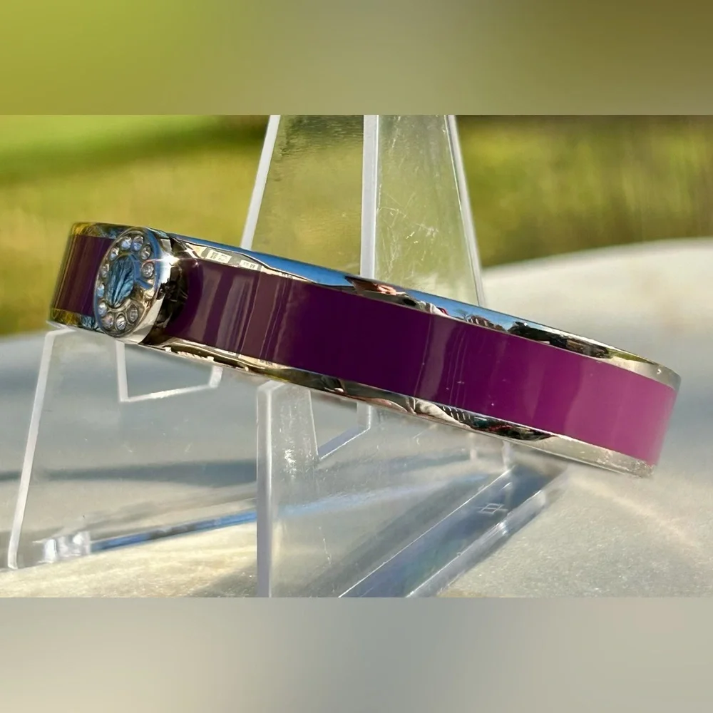 Coach Signature C Magenta Purple Silver Enameled Hinged Bangle Bracelet